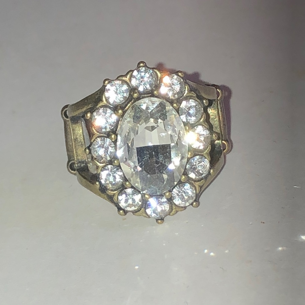 Antique Gold Tone Brass Tone Rhinestone Cluster Ring